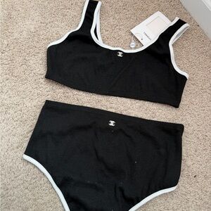 CHANEL Black & White Ribbed Two-Piece Swim Set with CC Hardware